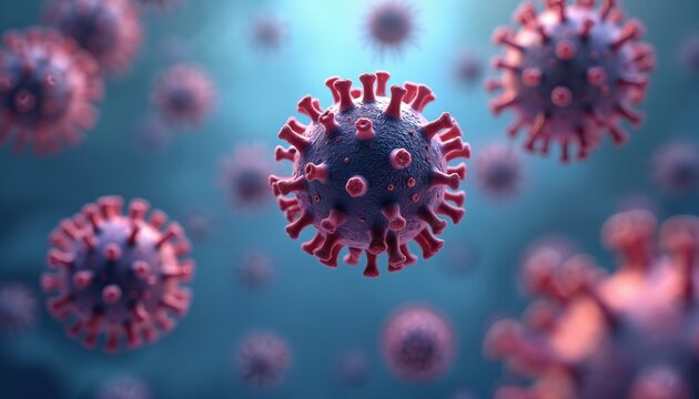 3D rendering of floating pathogen causes respiratory infection. The virus is a model of COVID-19. Medical illustration of microbiology, epidemiology, biology, science, pandemic, flu. - Powered by Adobe