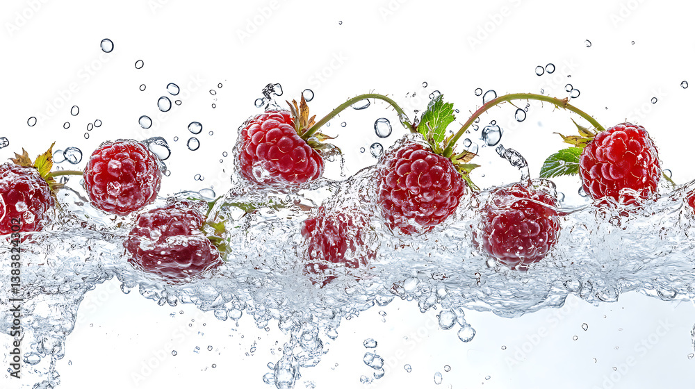 Poster fresh red raspberries falling with water splashing isolated on white