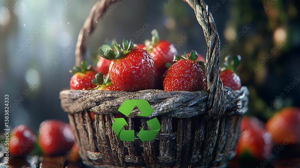 Poster fresh ripe strawberries in a rustic basket adorned with a green recycle symbol, representing sustain