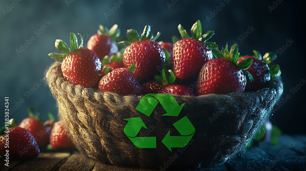 Poster fresh ripe strawberries in a rustic basket adorned with a green recycle symbol, representing sustain