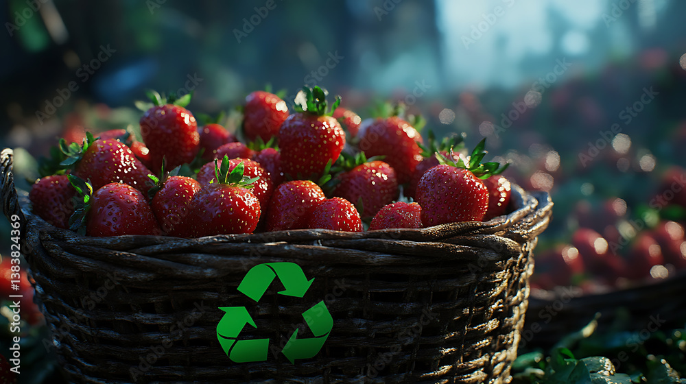 Poster fresh ripe strawberries in a rustic basket adorned with a green recycle symbol, representing sustain