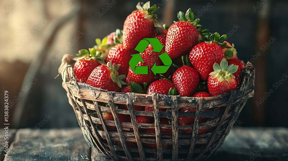 Poster fresh ripe strawberries in a rustic basket adorned with a green recycle symbol, representing sustain
