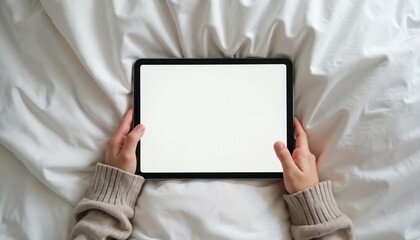 Naklejka premium Hands holding black tablet with blank white screen. Tablet lies on clean white bedsheets. Minimalist tech concept. Modern digital device for reading browsing watching videos, studying work.
