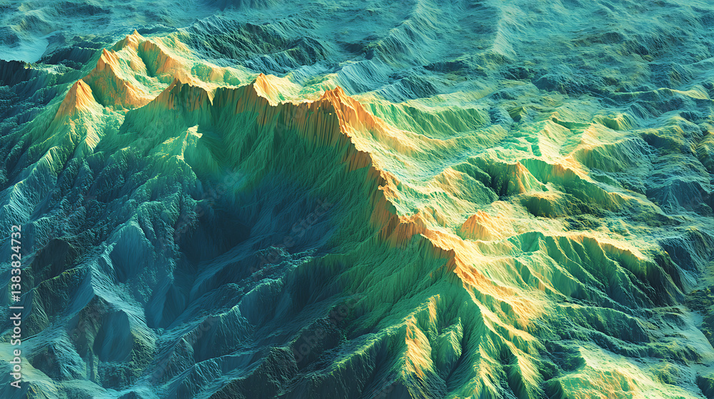 Aufkleber from above view low poly digital mountain range, connection and communication concept