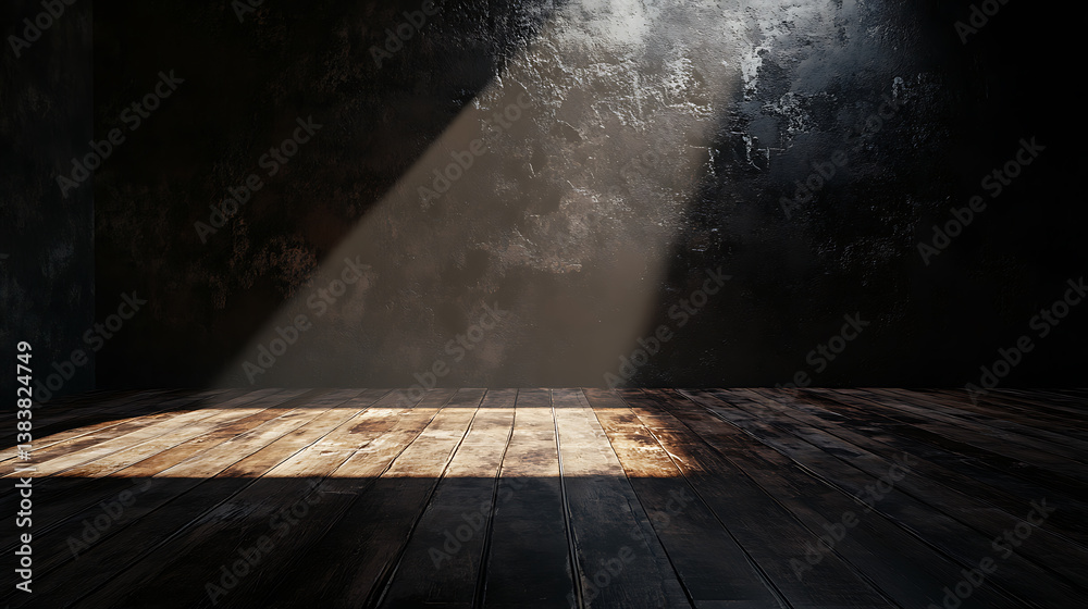 Aufkleber front view of a blank light wall with sunlight shadow, wooden floor and empty space for image frame,