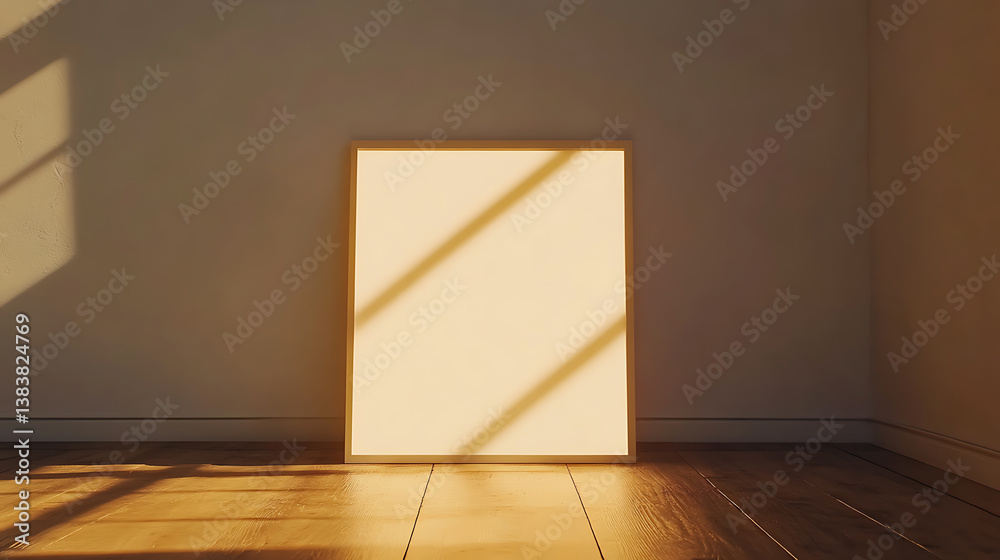 Aufkleber Front view of a blank light wall with sunlight shadow, wooden floor and empty space for image frame, mockup