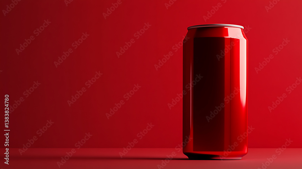 Poster front view of blank red aluminum drink can isolated on red background