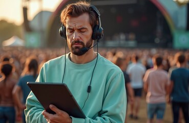 Stressed music festival organizer with tablet. Unhappy man works at outdoor concert. Puzzled event manager, concerned public relations specialist with microphone headset. Problem at show, bad working
