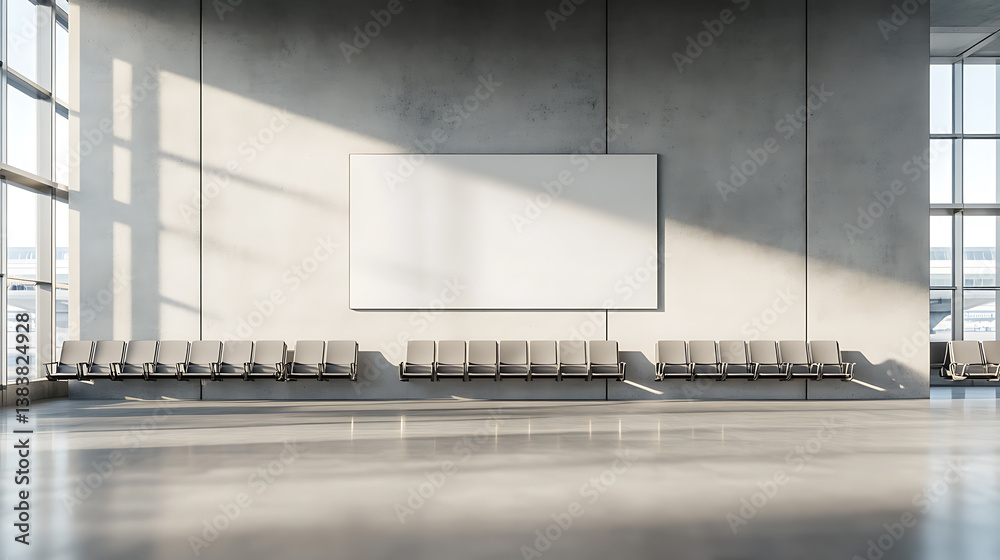Aufkleber Front view on blank light grey wall with place for advertising poster in sunlit spacious empty airport waiting area hall with seat rows and concrete floor, 3d rendering, mockup