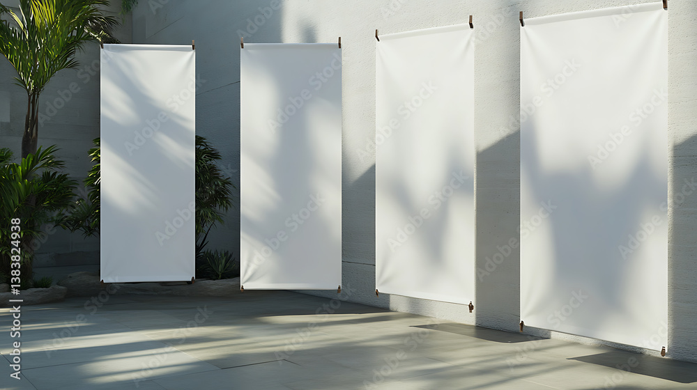 Fototapete front view of multiple empty white banners, standing side by side, mockup