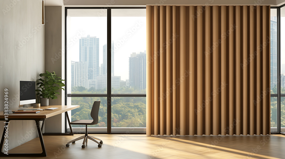 Poster front view of a blank light wall with sunlight shadow, wooden floor and empty space for image frame,