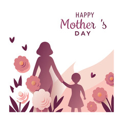 Happy Mother's Day card with love, heart, family, and romantic illustration of a couple with a baby in a pink design, perfect for a wedding or holiday celebration