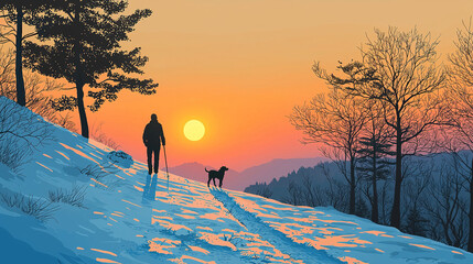 Man walking dog on snowy mountain at sunset