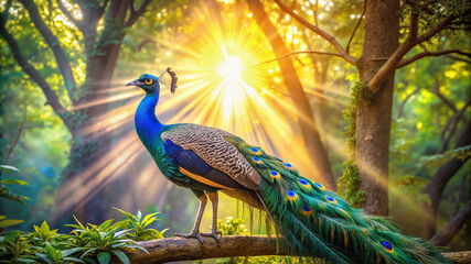 Obraz premium Peacock in forest with sunlight filtering through trees