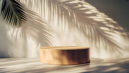 Cylindrical Wooden Podium Casting Tropical Palm Shadows on a Minimal Abstract Wall with Copy Space for Product Presentation.