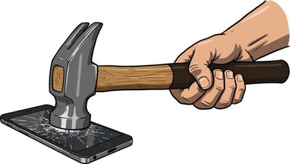 Illustration of Hand Holding A Hammer Crushing A Smart Phone, Isolated on White Background