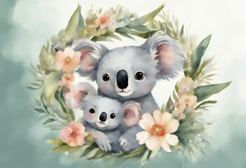 watercolor mom baby cartoon birthday animal floral tropical wreath kid design mother koala cute love little isolated family illustration drawing children natural nature funny australia zoo card wild