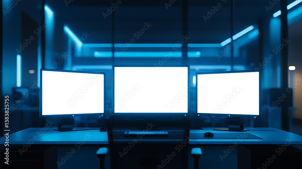 Poster Abstract blue workplace with three empty white mock up computer displays, office concept, 3d rendering