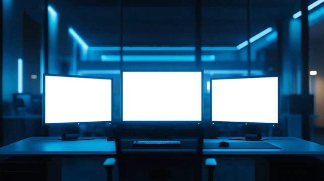 Abstract blue workplace with three empty white mock up computer displays, office concept, 3d rendering