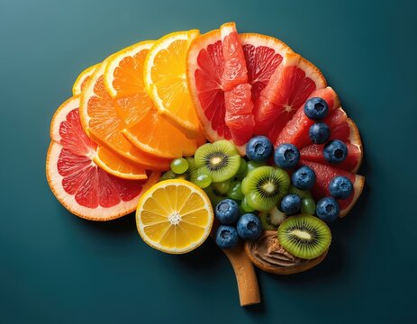 Top view of brain-shaped fruit slices. Arrangement includes orange grapefruit lemon kiwi blueberry and grape. Concept of brain health nutrition intellect memory cognitive function mind food diet.