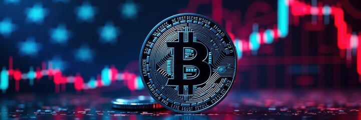 Bitcoin's value declines as u.s. tariff hikes impact the cryptocurrency market, highlighted by a backdrop of fluctuating charts and digital currency imagery.