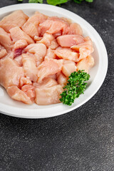 Chicken meat raw pieces meat poultry fresh gourmet food background on table rustic food top view copy space