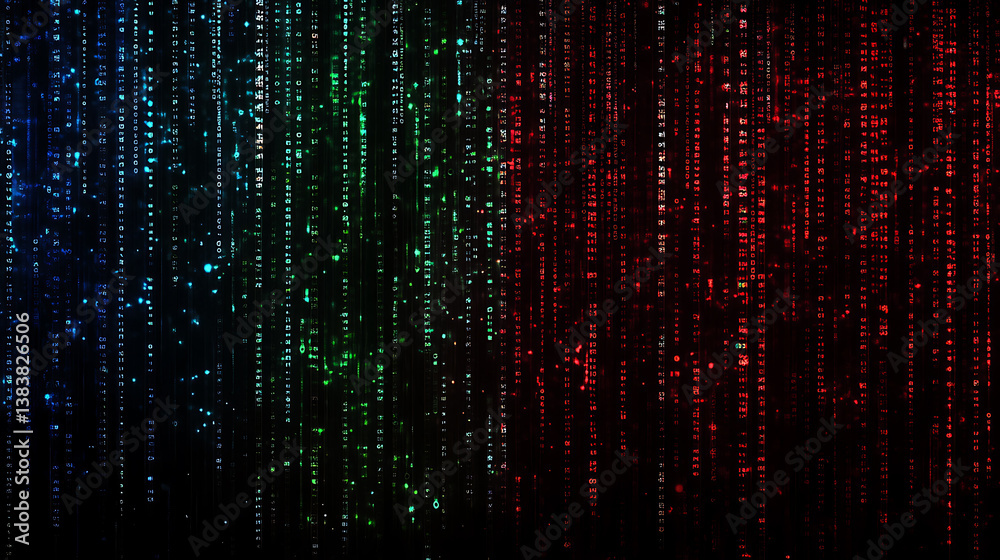 Fototapete Abstract digital data flows with binary code and lines in blue, red and green colors on a dark background data flows from left to right creating an atmosphere of technological innovation