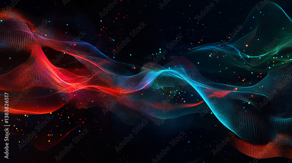 Poster Abstract digital data flows with binary code and lines in blue, red and green colors on a dark background data flows from left to right creating an atmosphere of technological innovation
