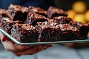 A close-up of a tray full of homemade chocolate brownies with a sprinkle of sea salt, held in a person's hand, against a blurred background, emphasizing the rich flavor and texture.