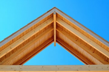 Wooden beams create a triangular roof design against clear blue sky Generative AI
