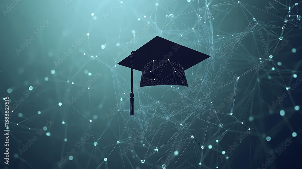Poster abstract low poly style, modern digital technology background with graduation cap and network connec