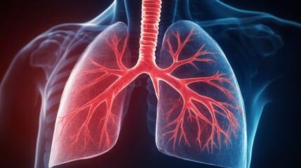 Detailed 3D rendering of human lungs and bronchi.
