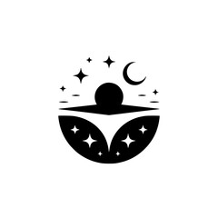 Cosmic Embrace Logo: Person Reaching for Stars, Moon, and Night Sky