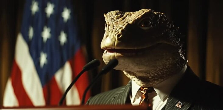 Personaje reptil representando pol&iacute;tico norteamericano dando conferencia de prensa. 