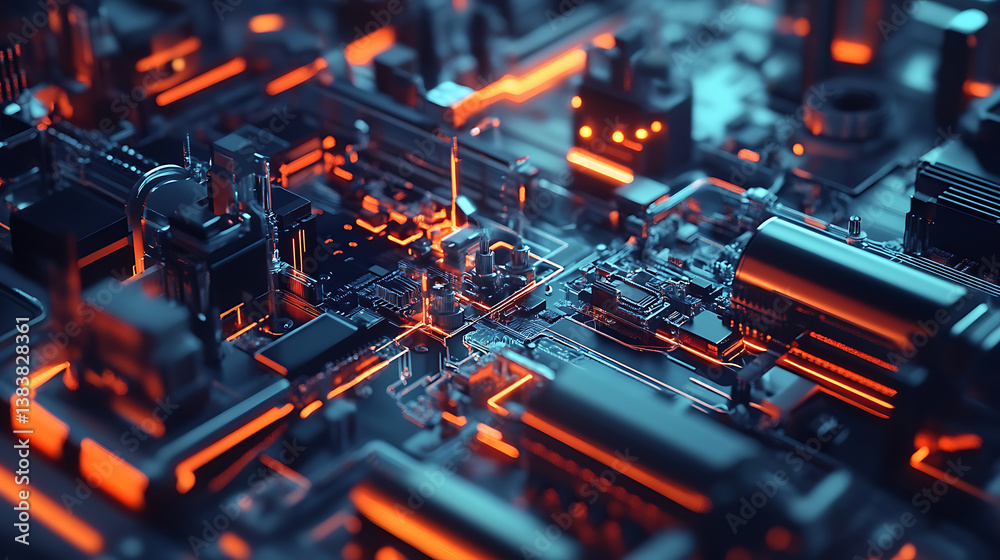 Fototapete Abstract scene from smart factory, data-connected machines, seamless interaction of technology and automation in modern manufacturing, revolution in industrial efficiency