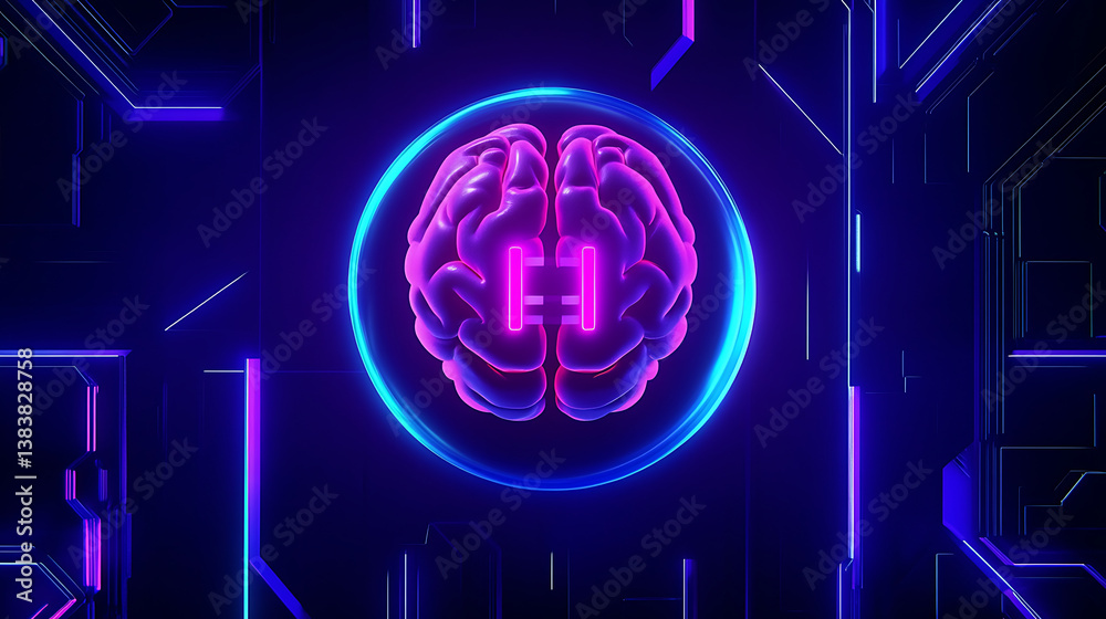 Aufkleber abstract violet brains in blue power button, abstract neon frame style