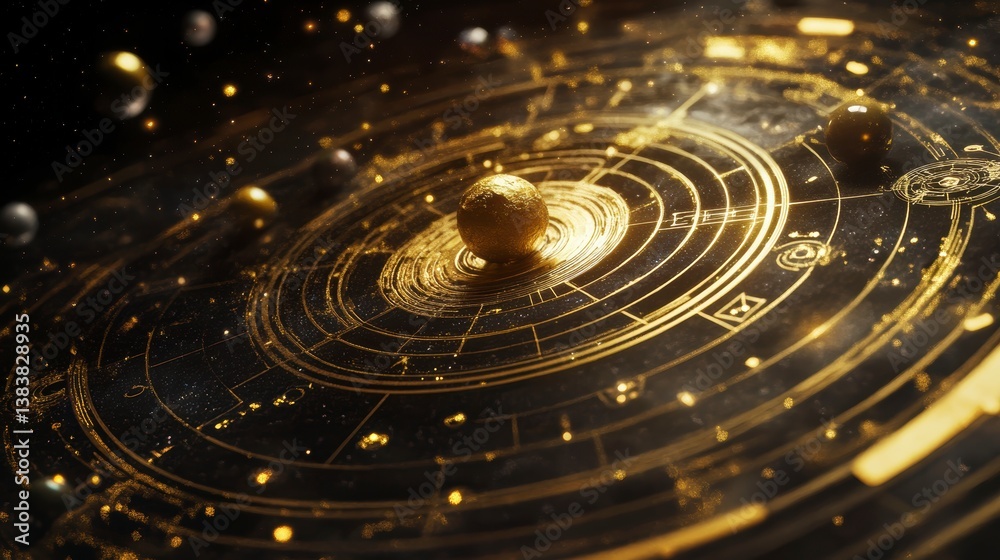 Aufkleber golden celestial sphere with planets orbiting in a cosmic swirl.