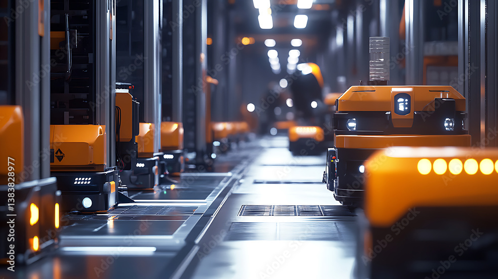Poster Advanced autonomous robots working seamlessly in a smart factory, leveraging ai and machine learning for efficient warehouse automation and assistive robotics, optimizing operations