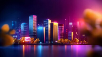 Vibrant Night City Skyline with Colorful Lights and Reflections