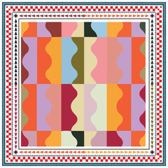 A colorful square scarf print, geometric pattern featuring wavy shapes in vibrant hues, bordered by an ornate design of triangles and diamonds.

