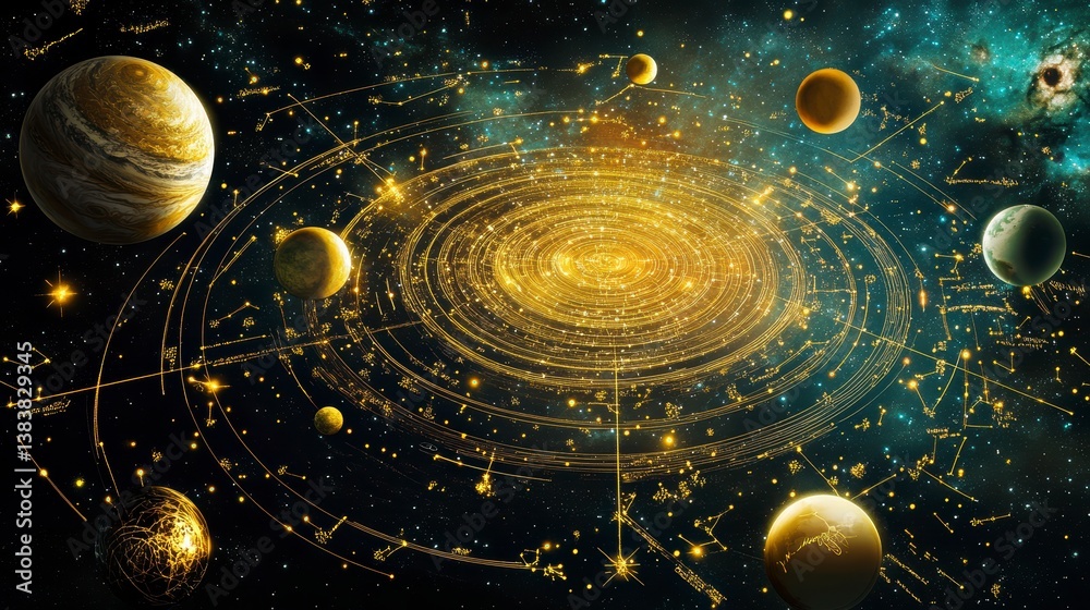 Poster golden spiral galaxy with planets and constellations in deep space.