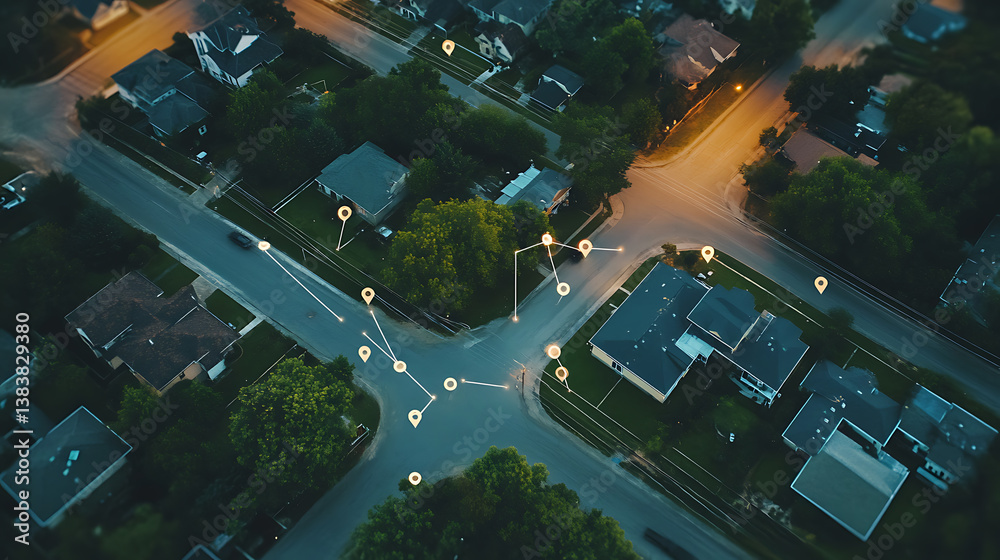 Aufkleber Aerial view of property mapping with location markers and connected lines highlighting land plots