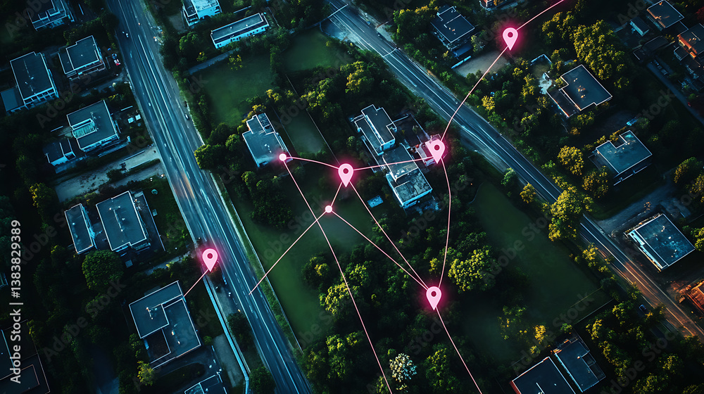 Poster Aerial view of property mapping with location markers and connected lines highlighting land plots