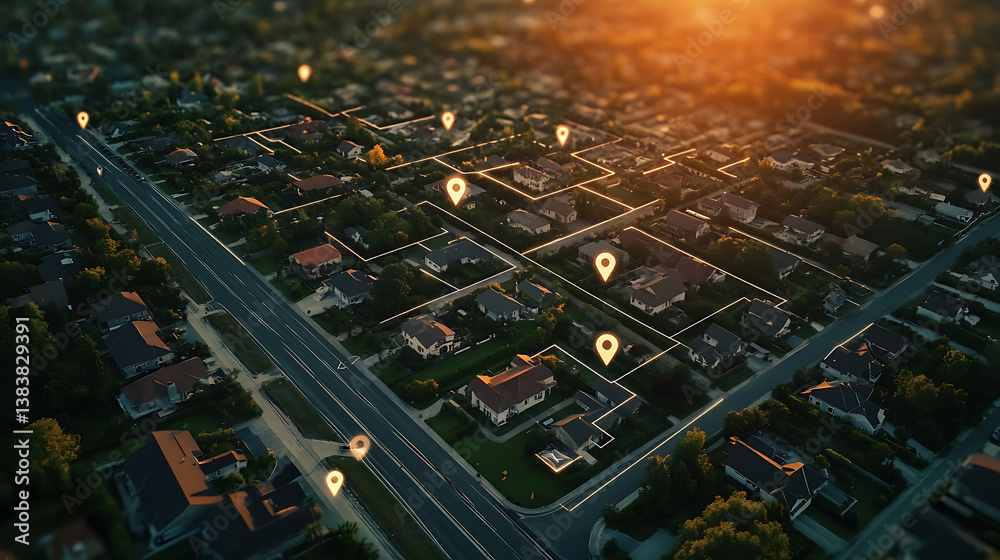 Aufkleber Aerial view of property mapping with location markers and connected lines highlighting land plots