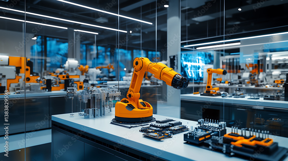 Poster Ai-driven robotics lab displaying a variety of robot parts and advanced electronics, emphasizing the cutting-edge innovations and developments in artificial intelligence and engineering
