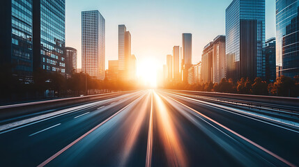 Fototapeta premium Against the backdrop of a sunny sunset, a modern city with skyscrapers roads and developed infrastructure, 3d rendering