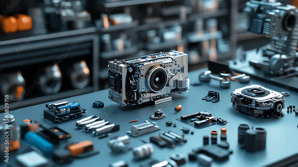Poster Ai-driven robotics lab displaying a variety of robot parts and advanced electronics, emphasizing the cutting-edge innovations and developments in artificial intelligence and engineering