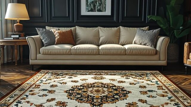 Luxurious Living: A meticulously crafted living room showcases a plush beige sofa, a patterned rug, a warm lamp, and elegant wooden flooring, creating a sanctuary of comfort and sophistication.