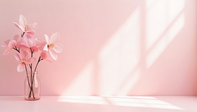 Pink flowers in glass vase against pastel pink wall. Gentle light creates soft shadows. Minimalist studio setting with flowers on table creates serene spring summer mood. - Powered by Adobe