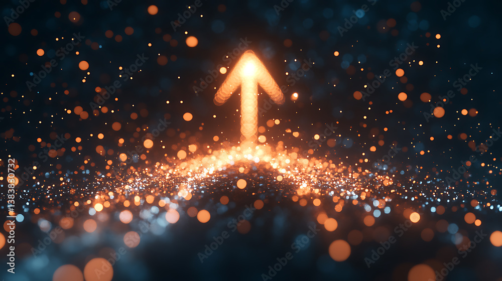 Poster an arrow pointing upwards, surrounded light trails and energy particles on a dark background, symbol